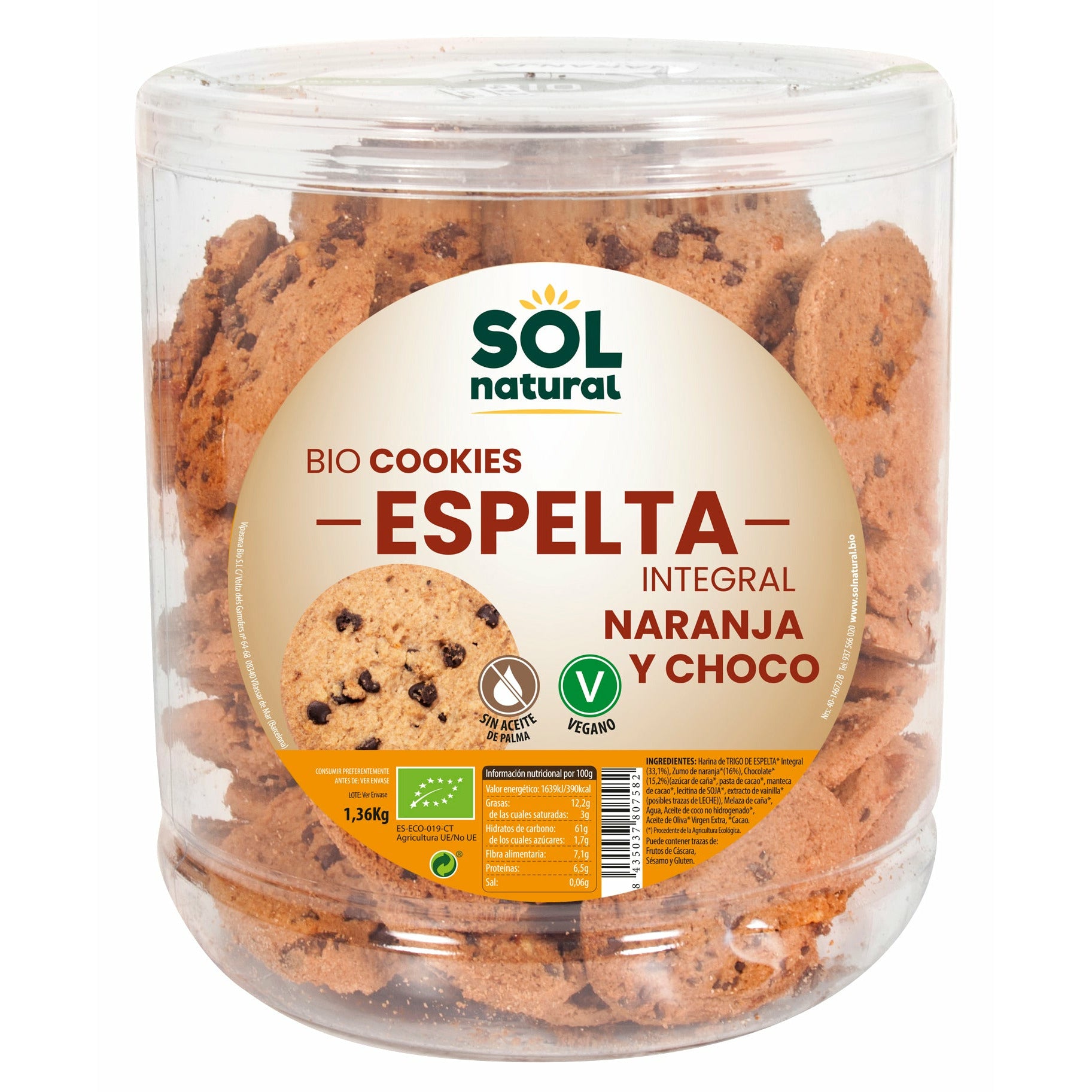 Cookies de Espelta Integral Con Naranja y Chocolate Bio 1,36 Kg | Sol Natural - Dietetica Ferrer