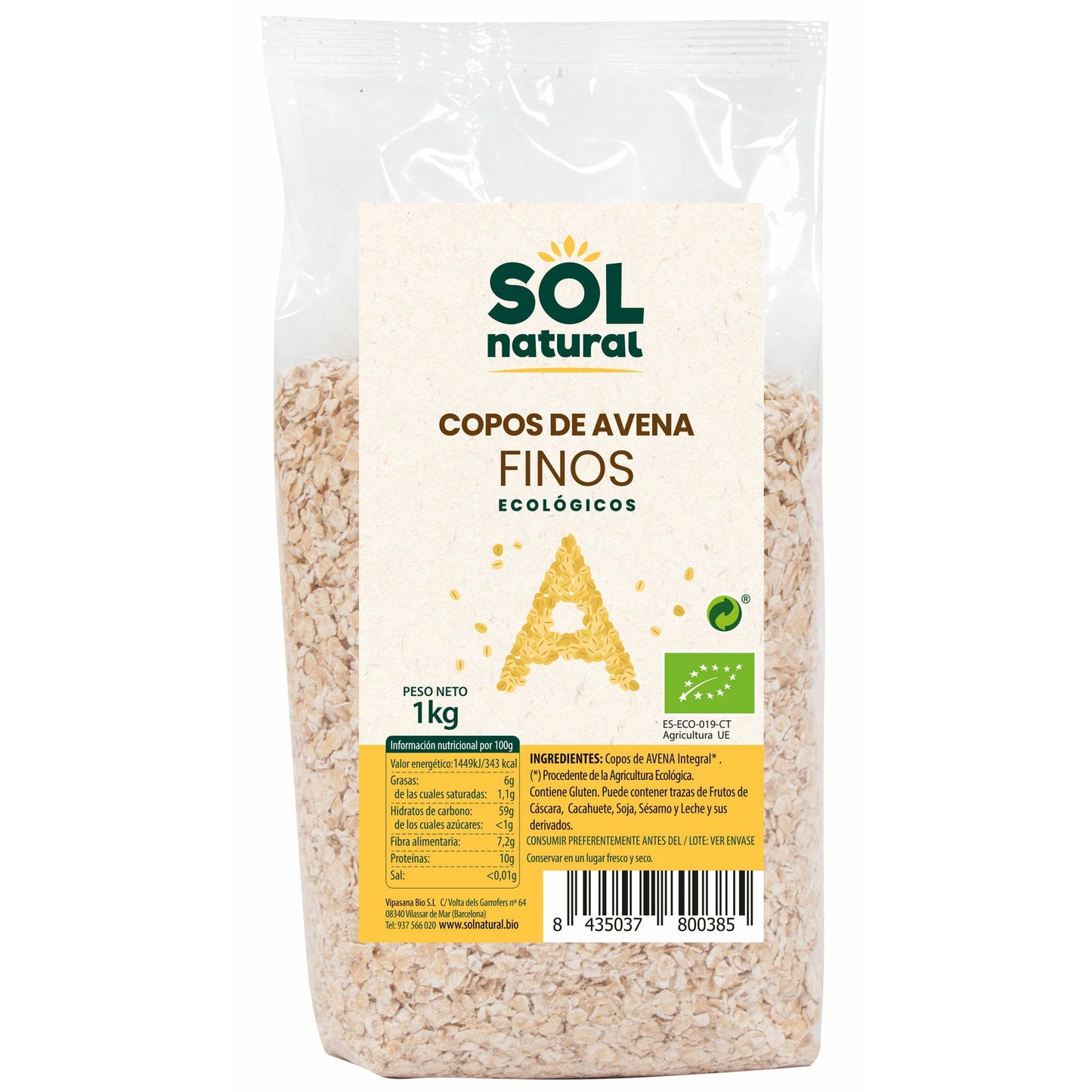 Copos de Avena Finos Bio 1 Kg | Sol Natural - Dietetica Ferrer