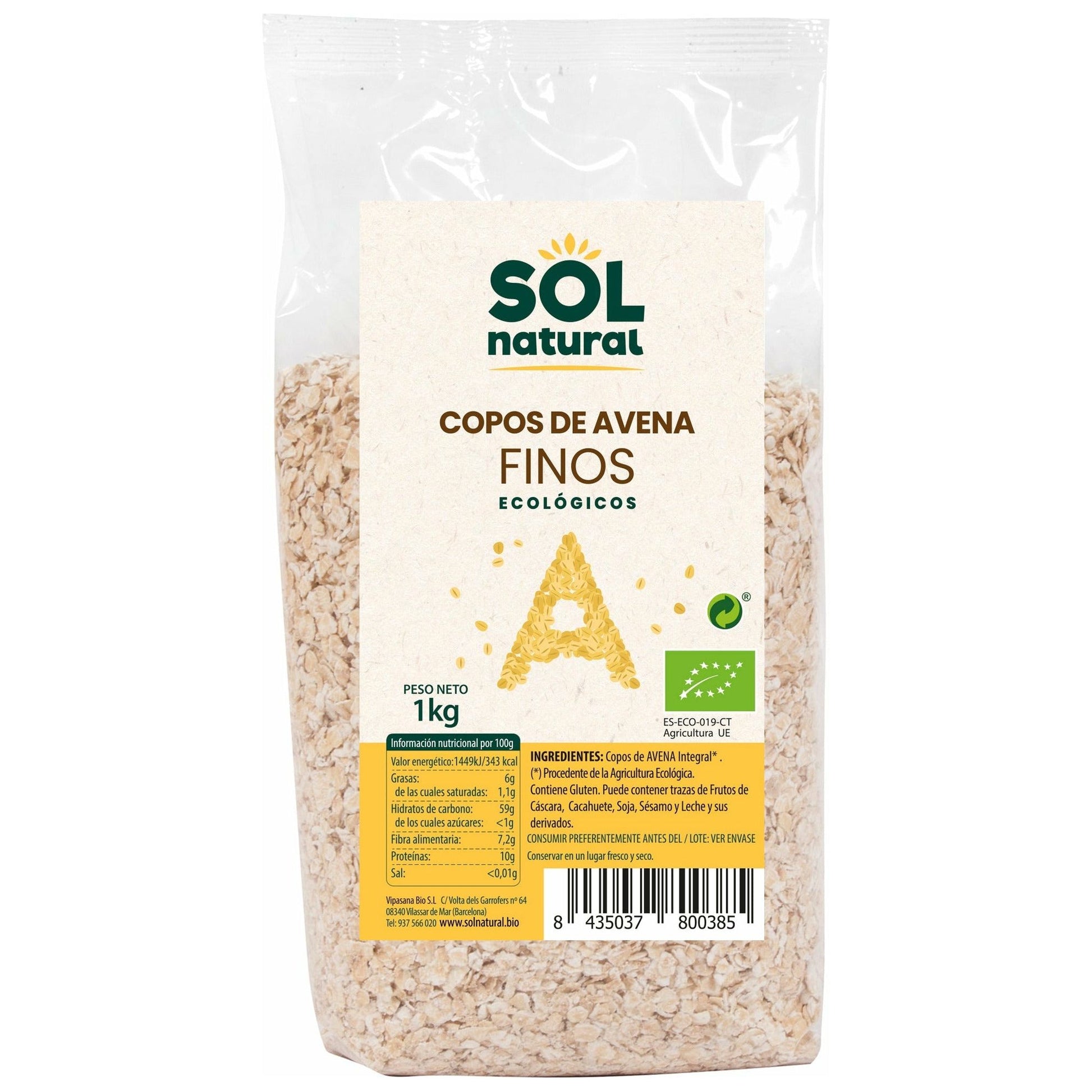 Copos de Avena Finos Bio 1 Kg | Sol Natural - Dietetica Ferrer