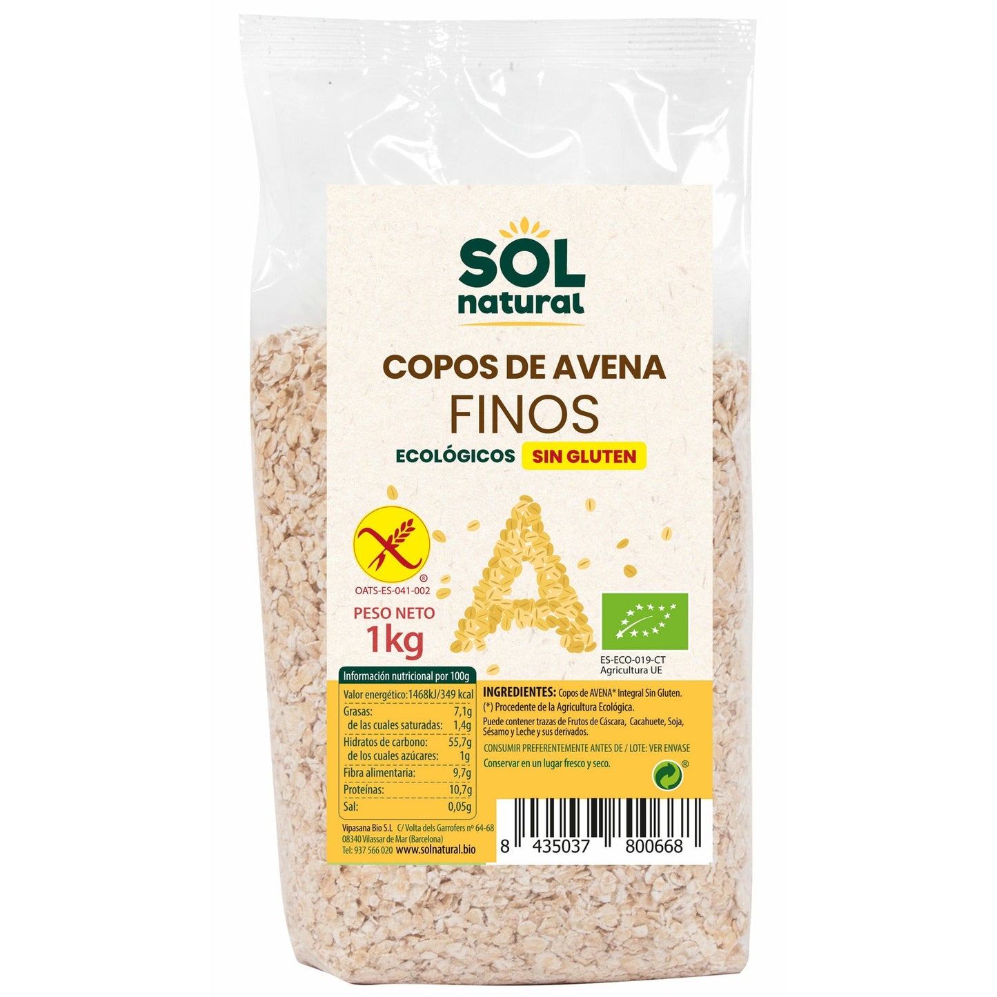 Copos de Avena Finos sin Gluten Bio 1 Kg | Sol Natural - Dietetica Ferrer