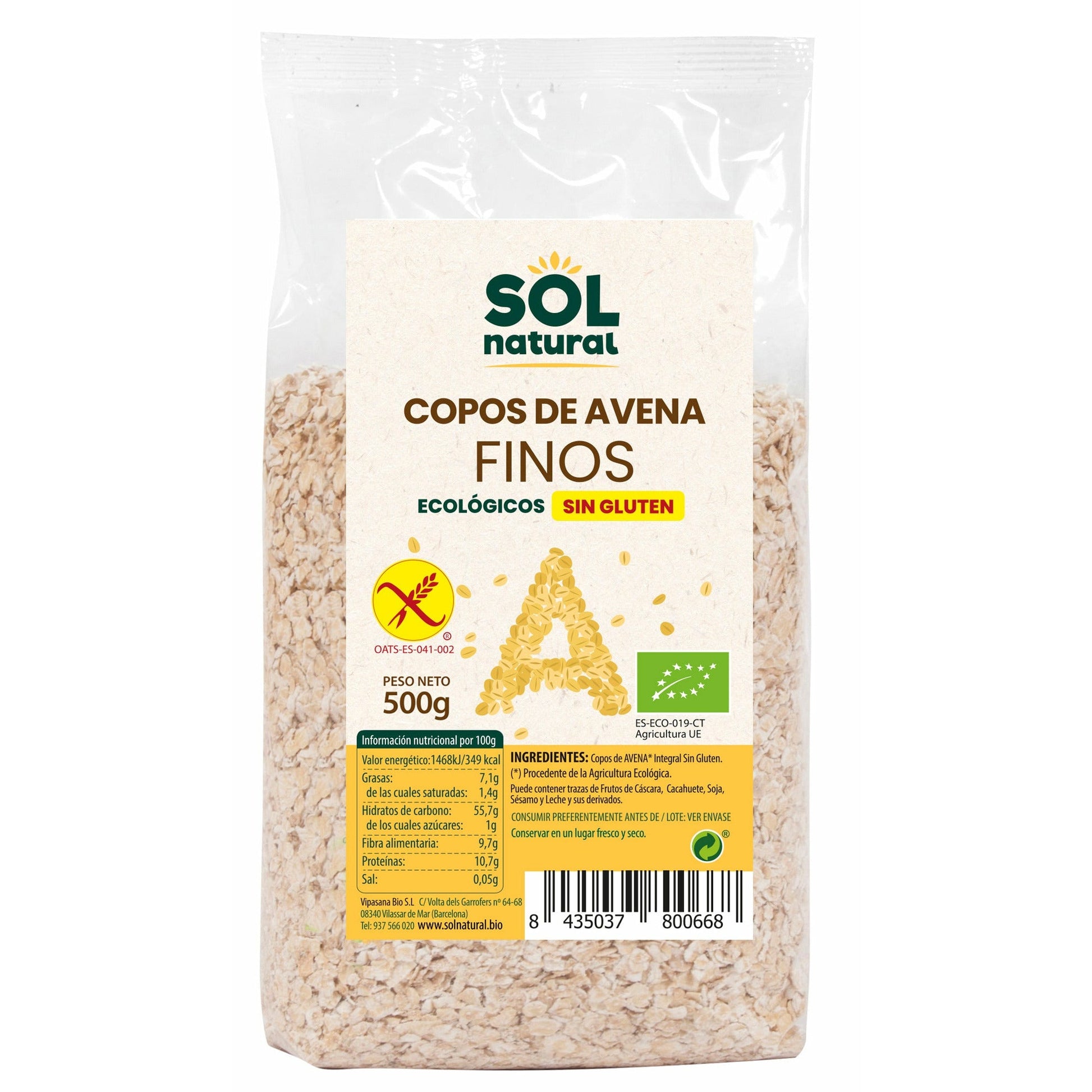 Copos de Avena Finos sin Gluten Bio 500 gr | Sol Natural - Dietetica Ferrer