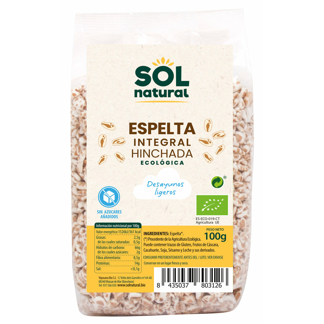Espelta Integral Hinchada Bio 100 gr | Sol Natural - Dietetica Ferrer