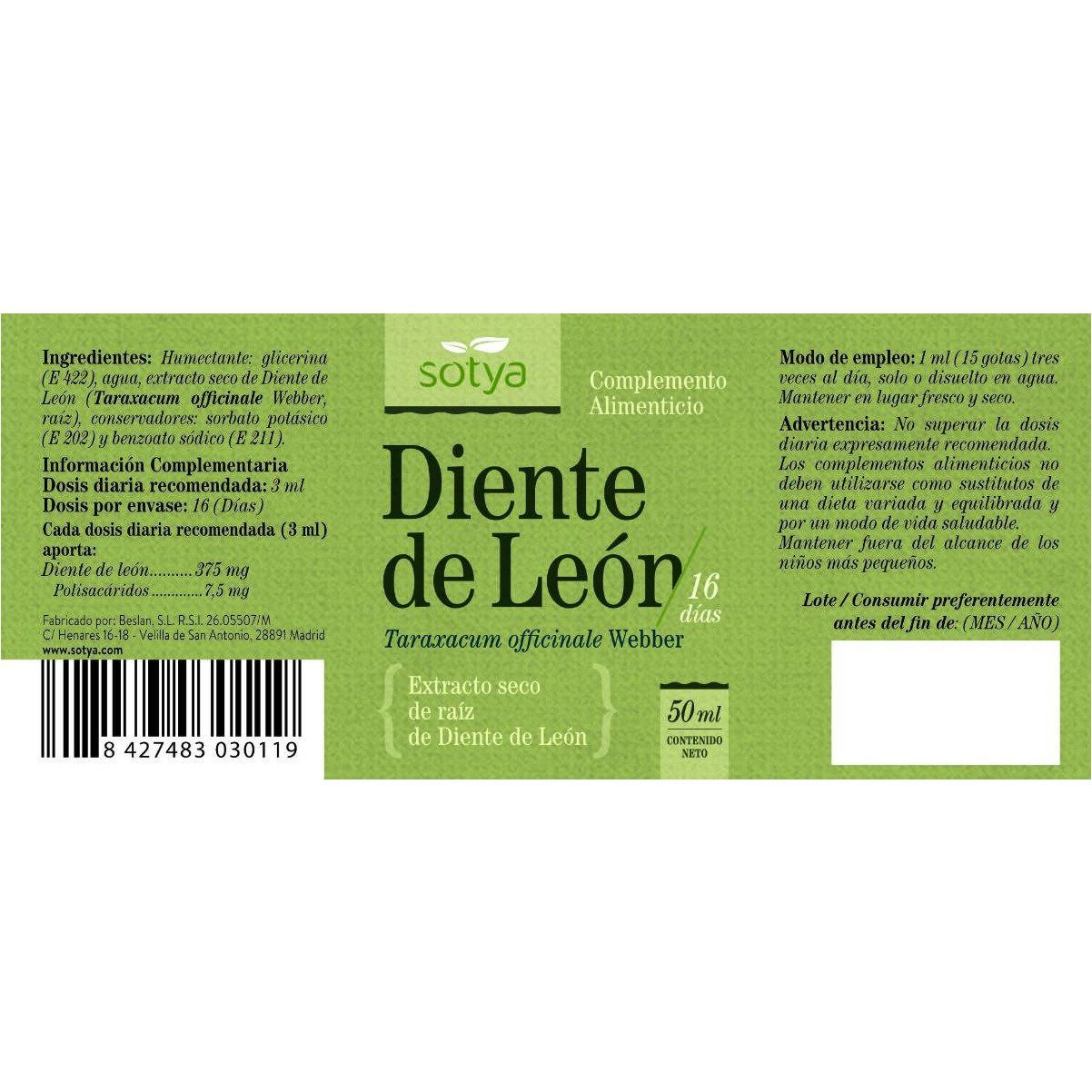 Extracto de Diente de Leon 50 ml | Sotya - Dietetica Ferrer