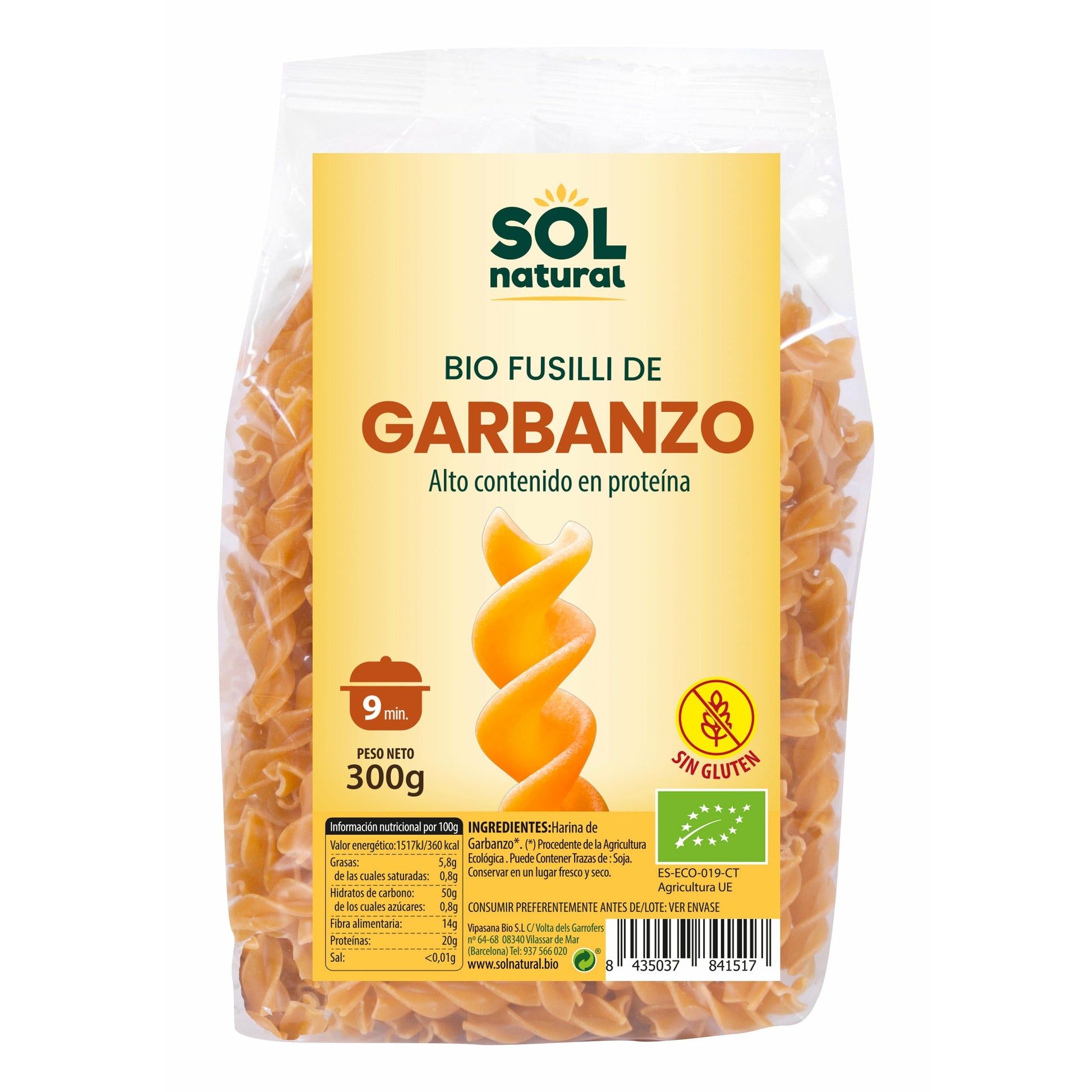 Fusilli de Garbanzo Bio 300 gr | Sol Natural - Dietetica Ferrer