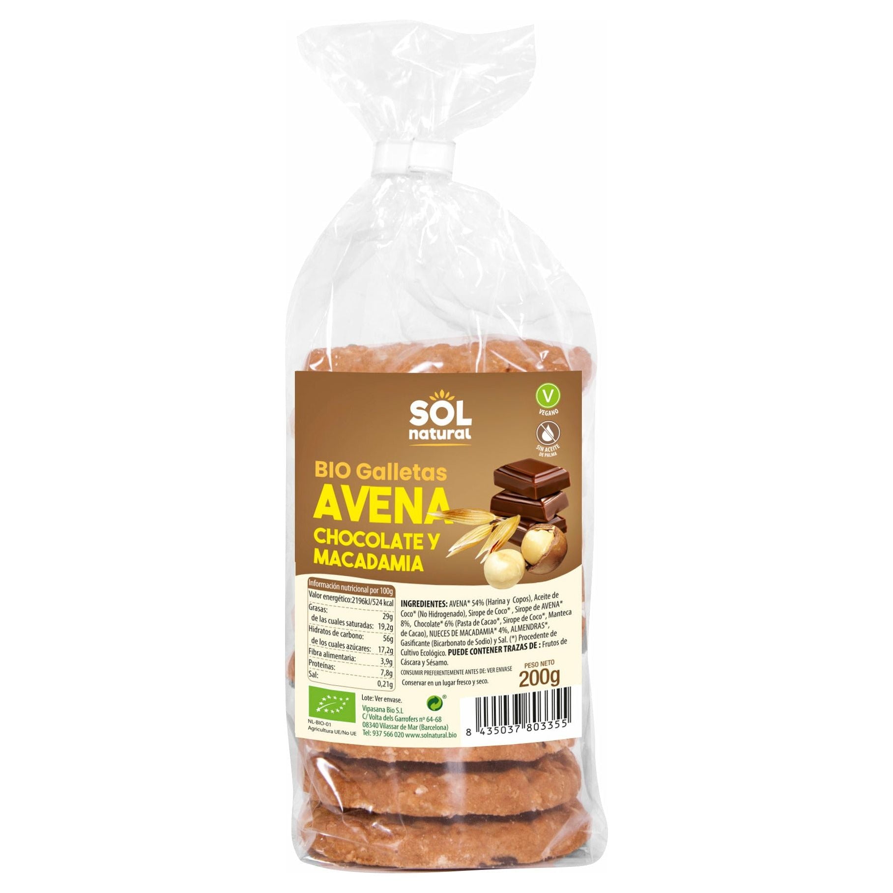 Galletas Avena Chocolate y Macadamia Bio 200 gr | Sol Natural - Dietetica Ferrer