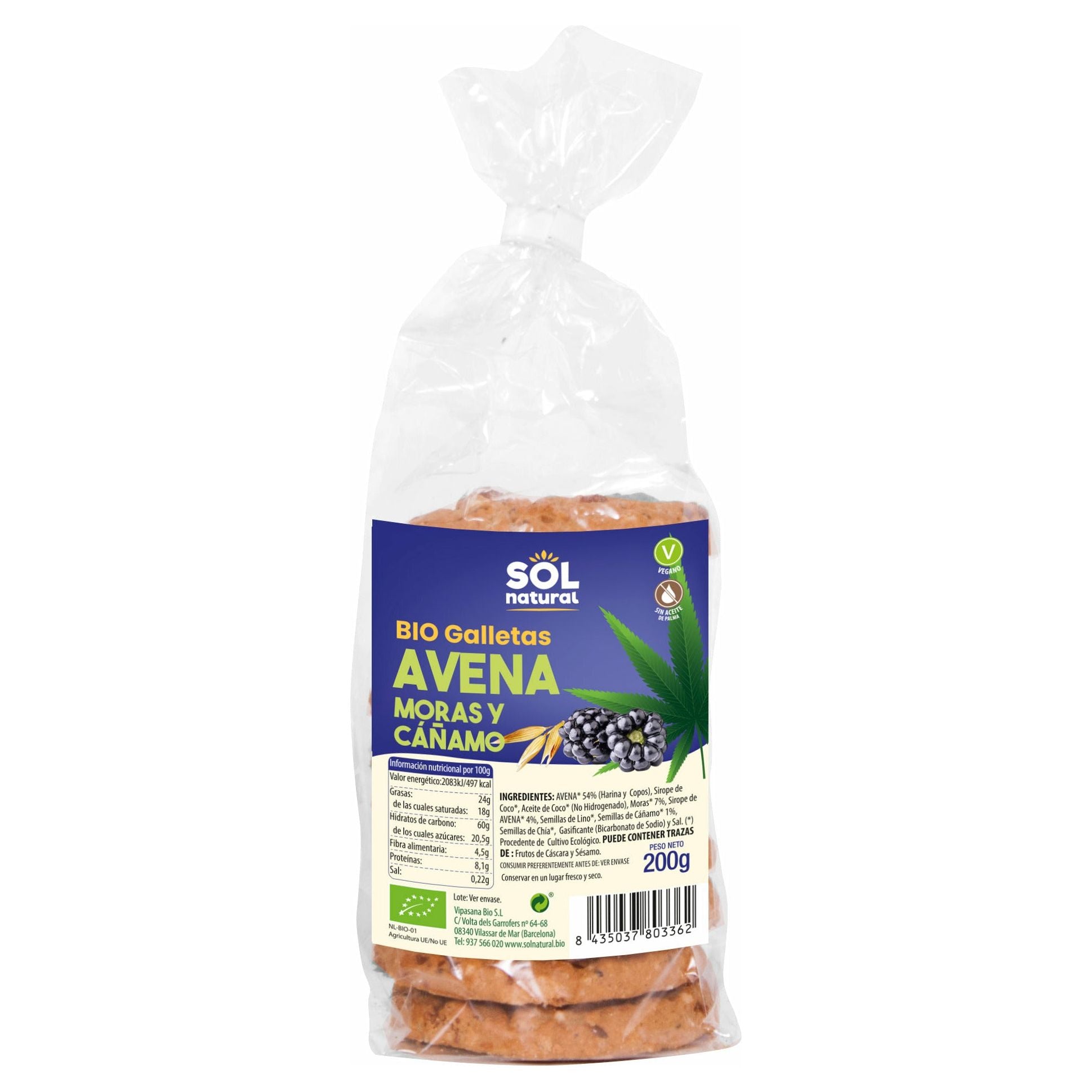 Galletas de Avena Moras y Cañamo Bio 200 gr | Sol Natural - Dietetica Ferrer