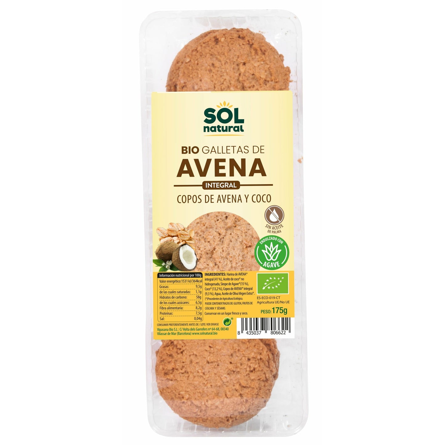 Galletas de Copos de Avena y Coco Bio 175 gr | Sol Natural - Dietetica Ferrer