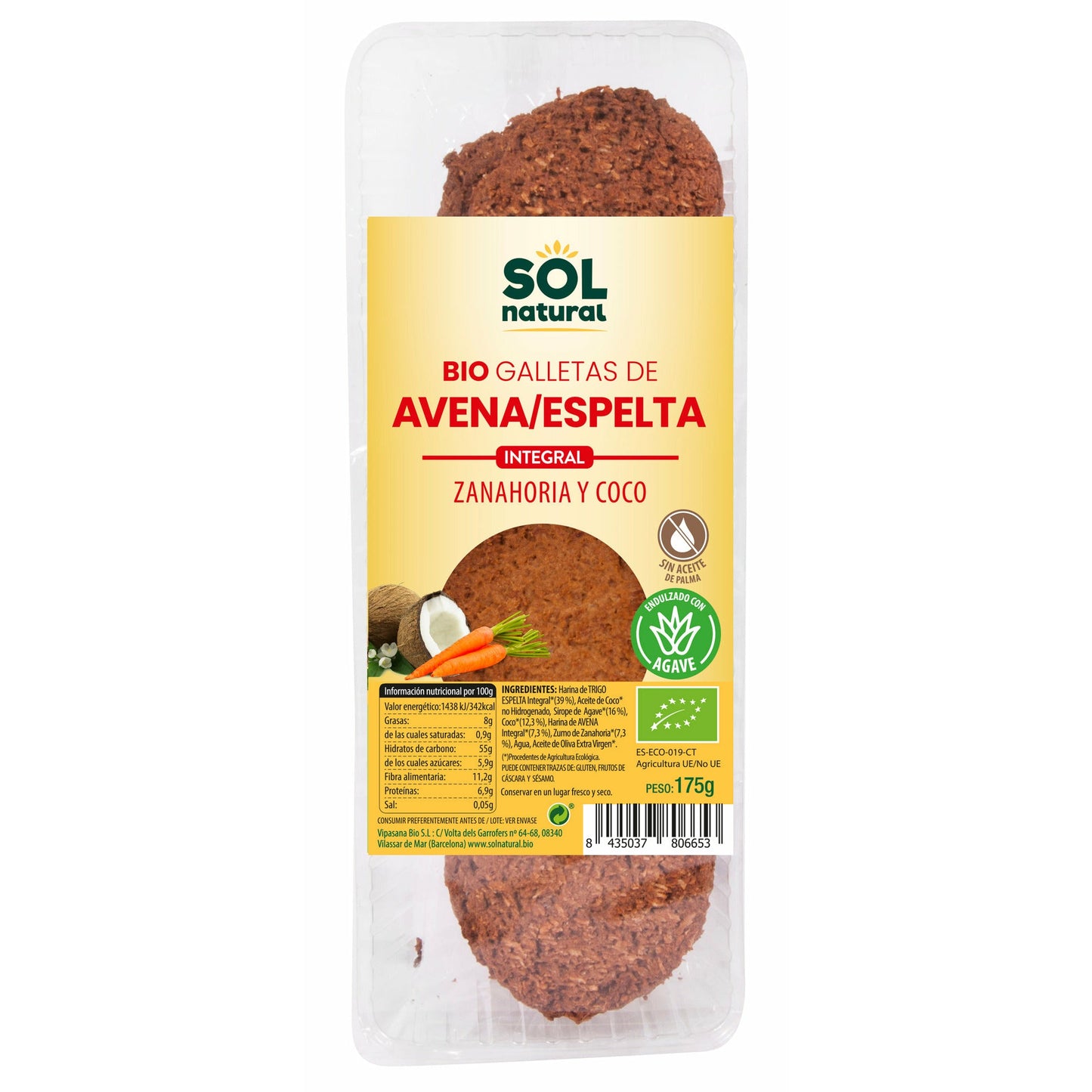 Galletas de Espelta Avena Zanahoria y Coco 175 gr | Sol Natural - Dietetica Ferrer