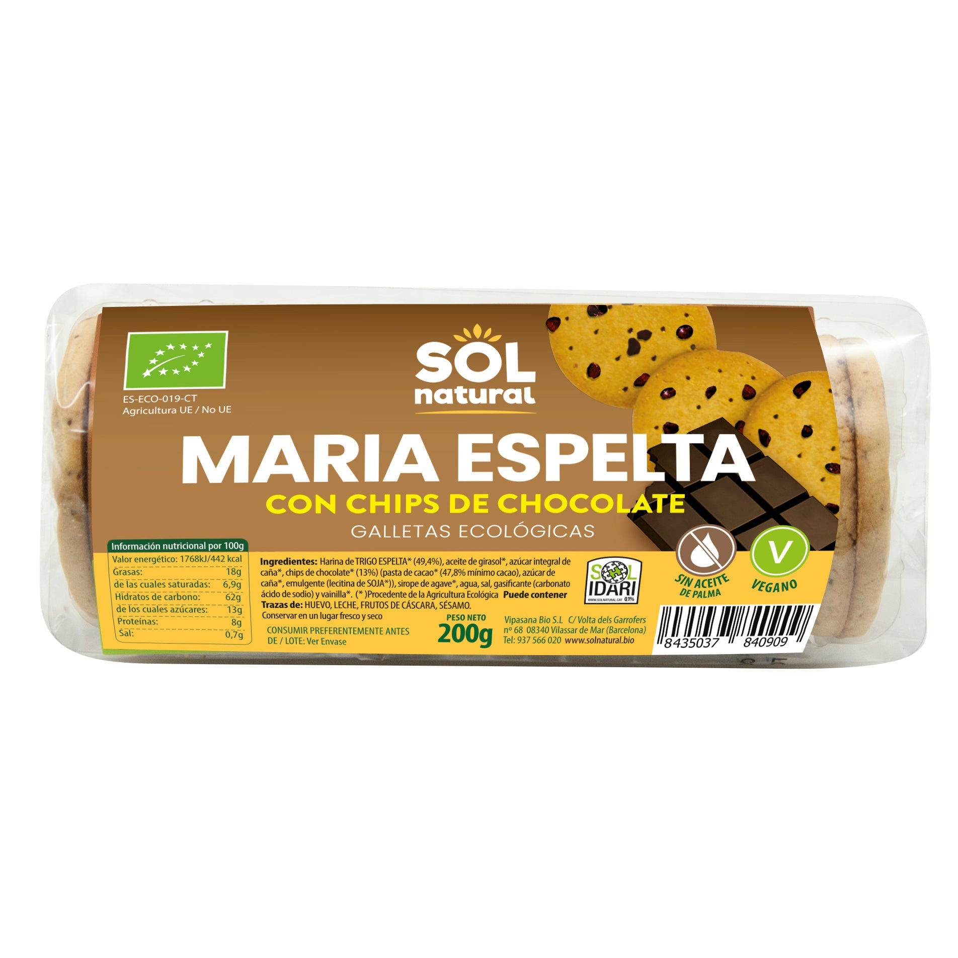 Galletas Maria Espelta Con Chips de Chocolate Bio 200 gr | Sol Natural - Dietetica Ferrer