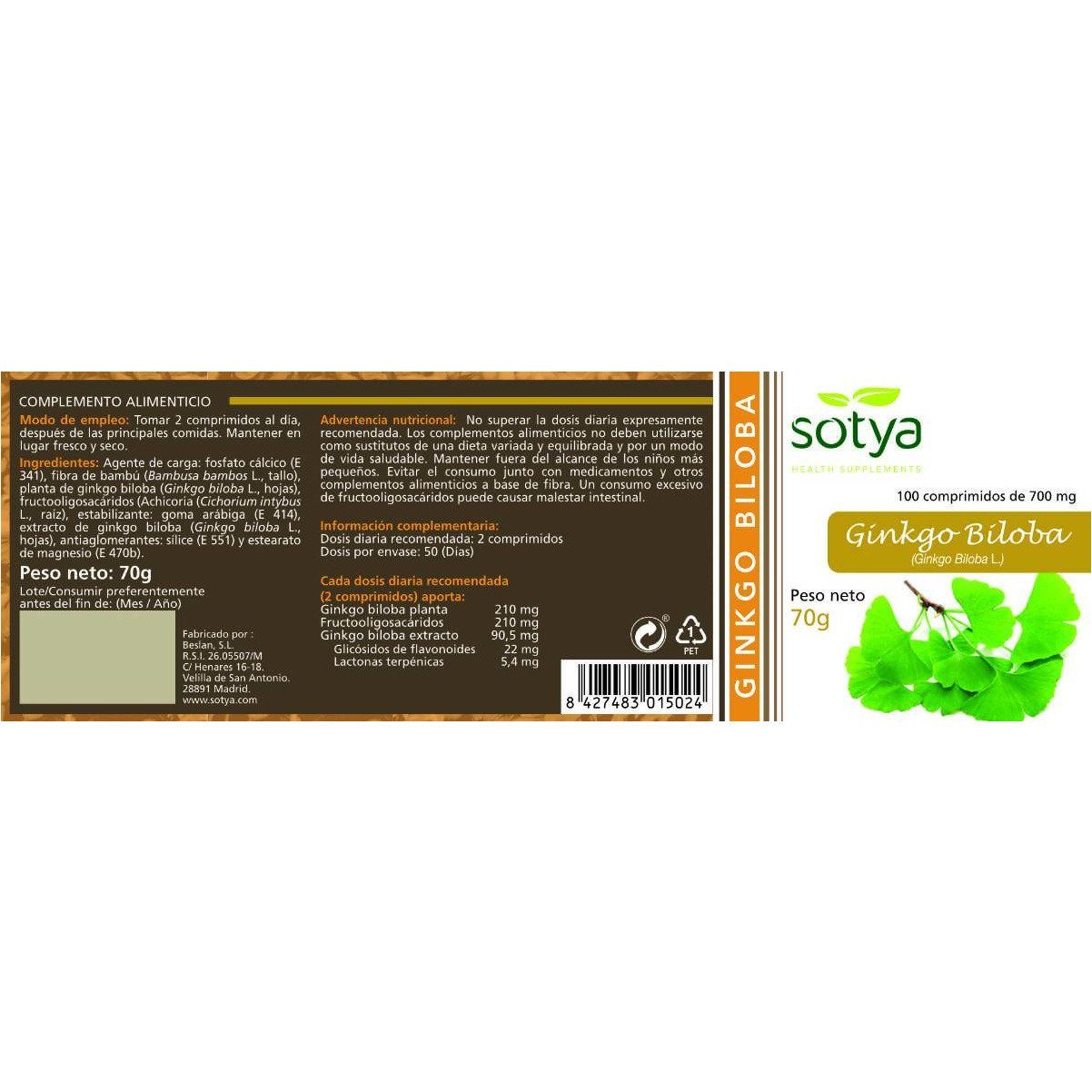 Ginkgo Biloba 100 Comprimidos | Sotya - Dietetica Ferrer