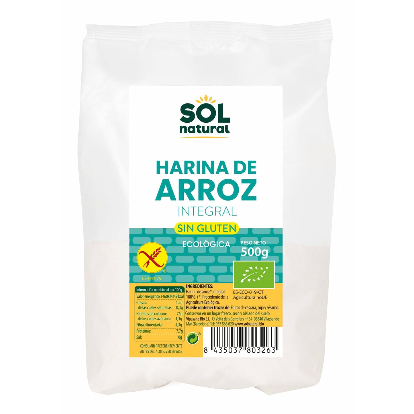 Harina de Arroz Integral sin Gluten Bio 500 gr | Sol Natural - Dietetica Ferrer