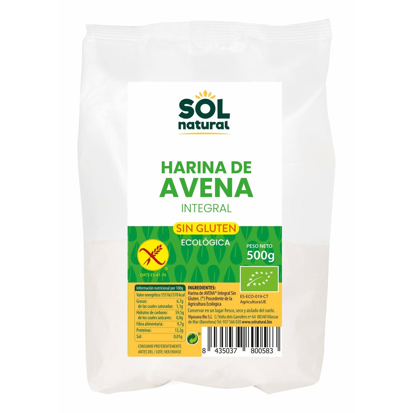Harina de Avena Integral Sin Gluten Bio 500 gr | Sol Natural - Dietetica Ferrer