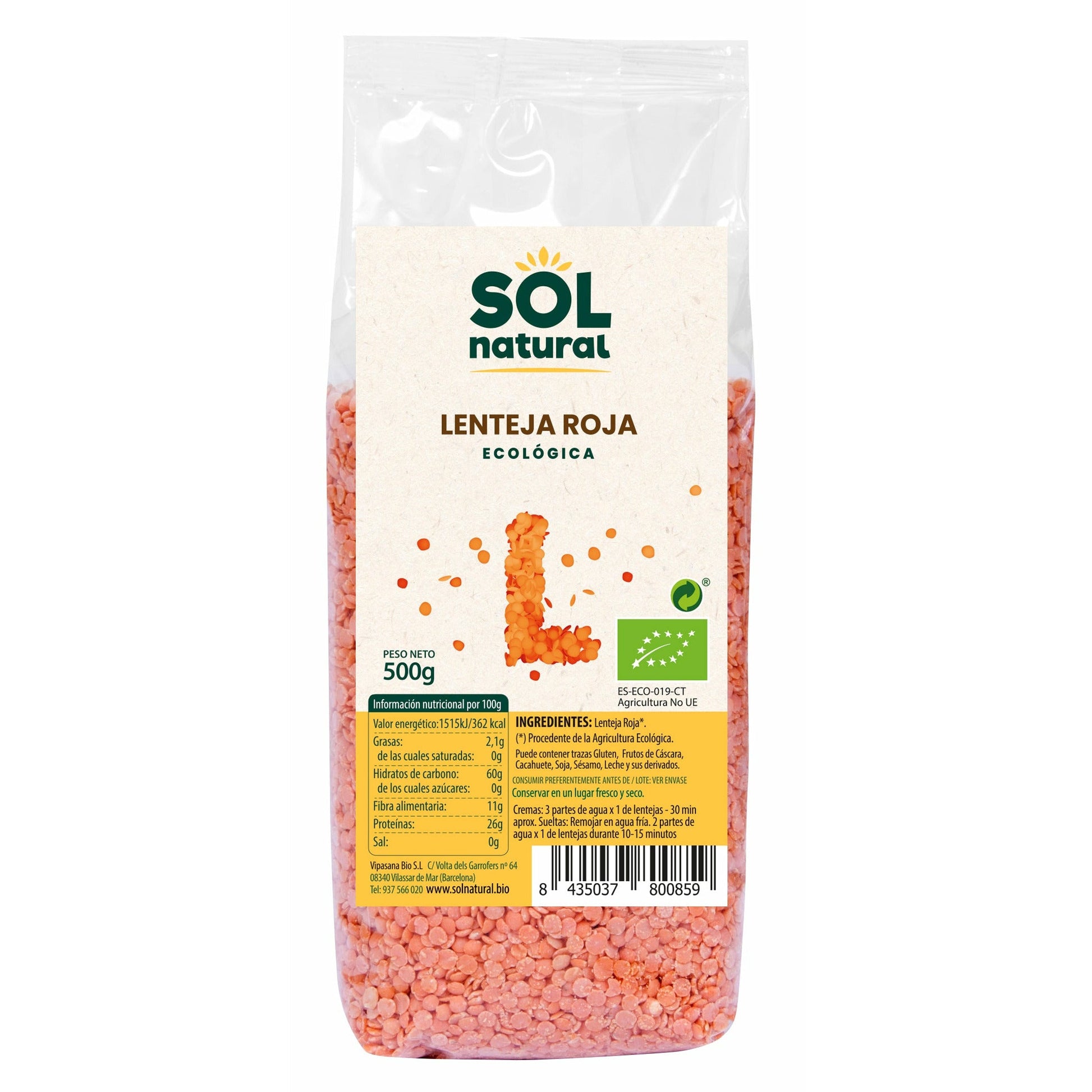 Lenteja Roja Bio 500 gr | Sol Natural - Dietetica Ferrer