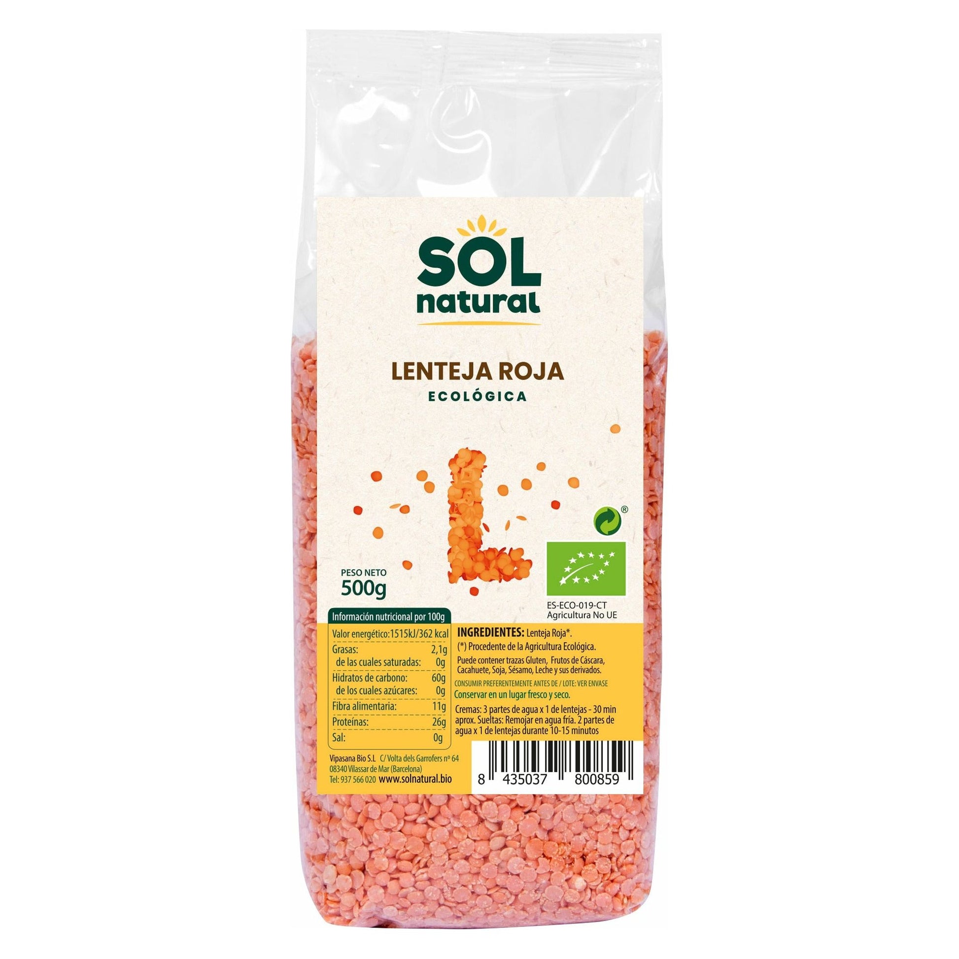 Lenteja Roja Bio 500 gr | Sol Natural - Dietetica Ferrer