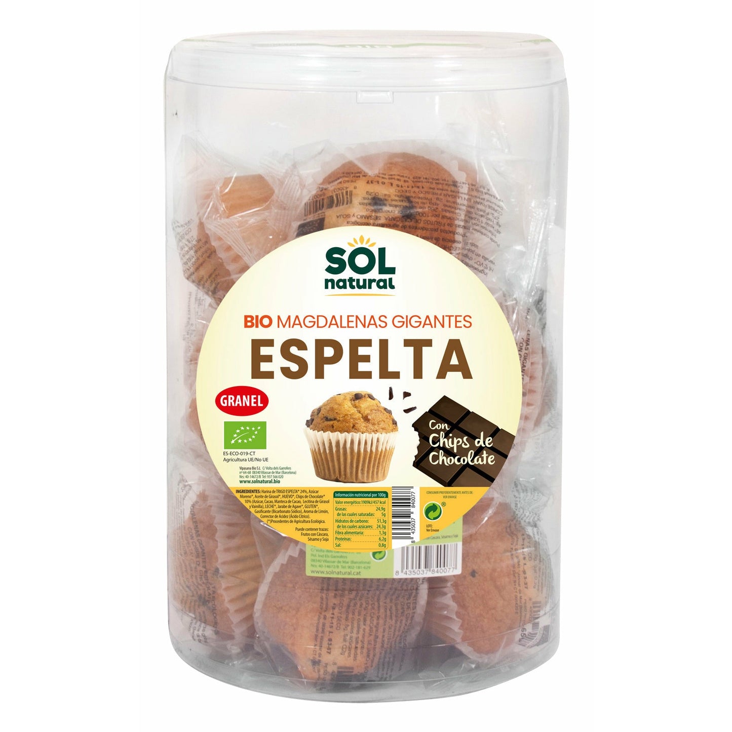 Magdalenas Chips de Chocolate Espelta Bio 15 Unidades | Sol Natural - Dietetica Ferrer