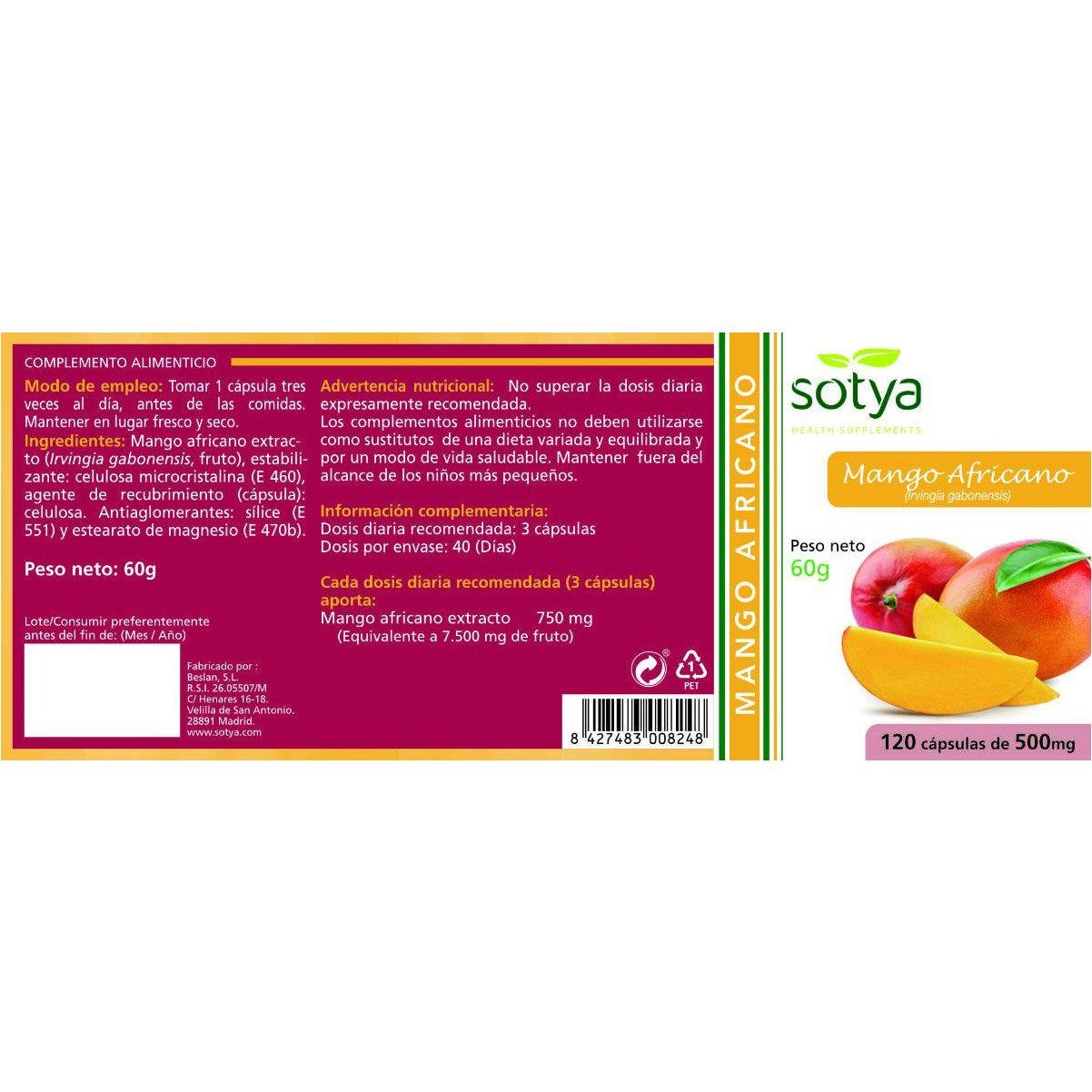 Mango Africano 650 gr 120 Capsulas | Sotya - Dietetica Ferrer