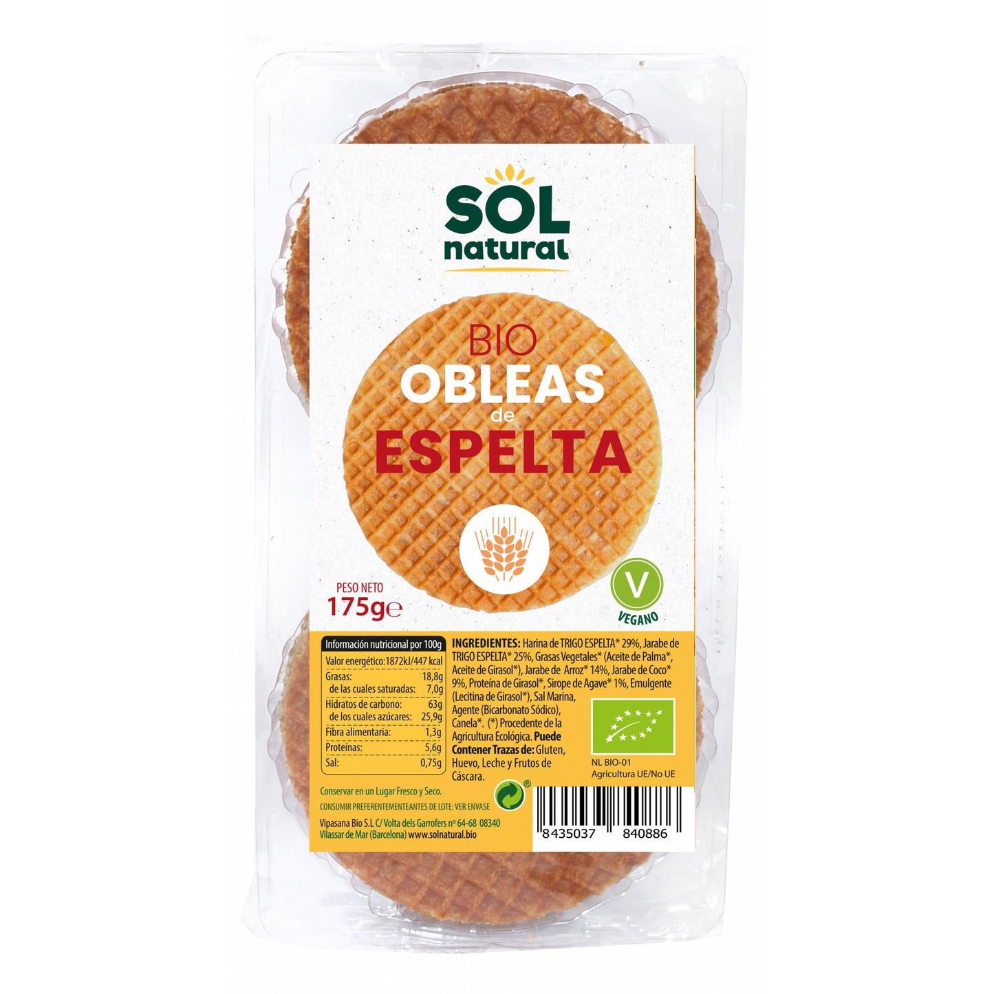 Obleas de Espelta Con Miel Bio 175 gr | Sol Natural - Dietetica Ferrer