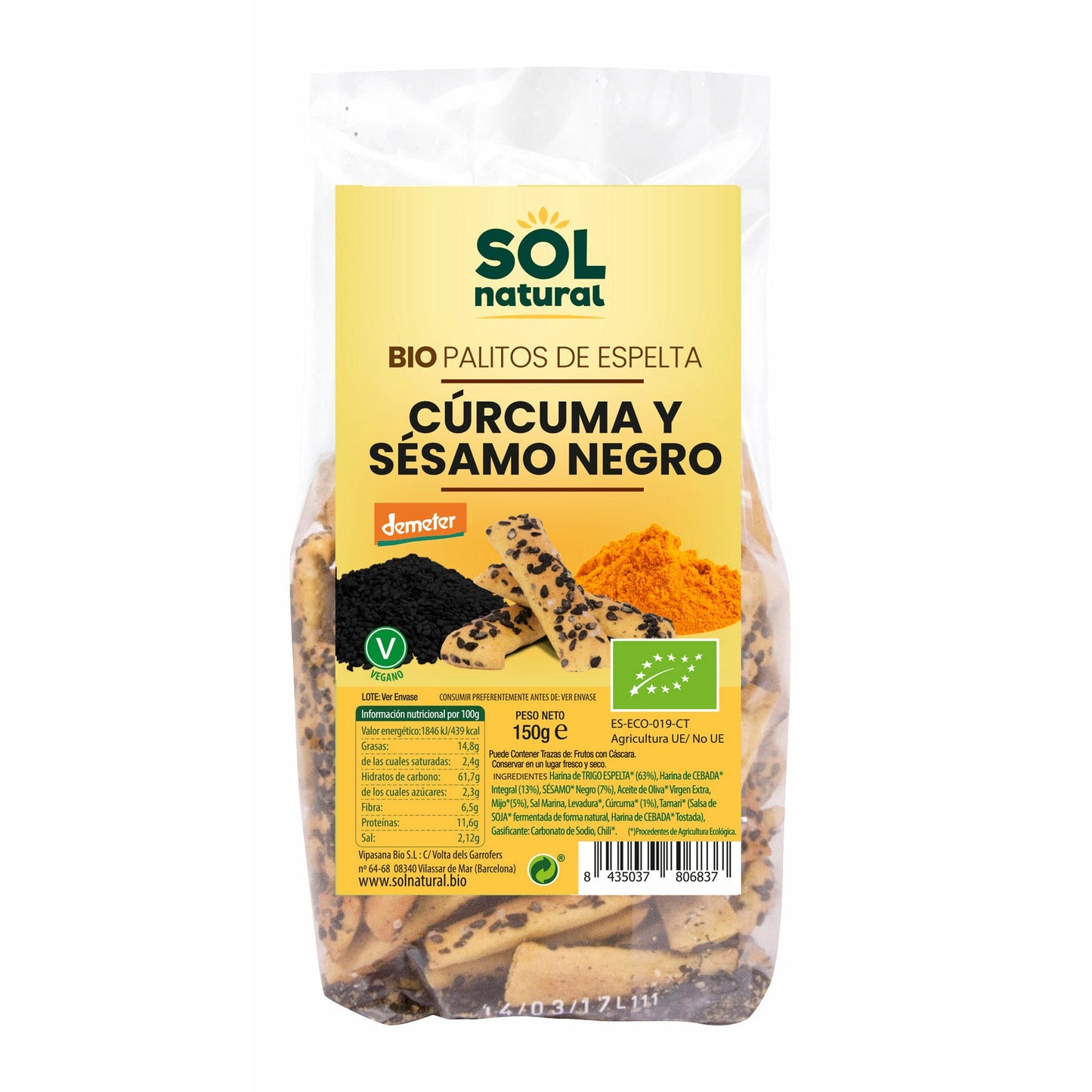 Palitos de Espelta Con Curcuma y Sesamo Negro Bio 150 gr | Sol Natural - Dietetica Ferrer