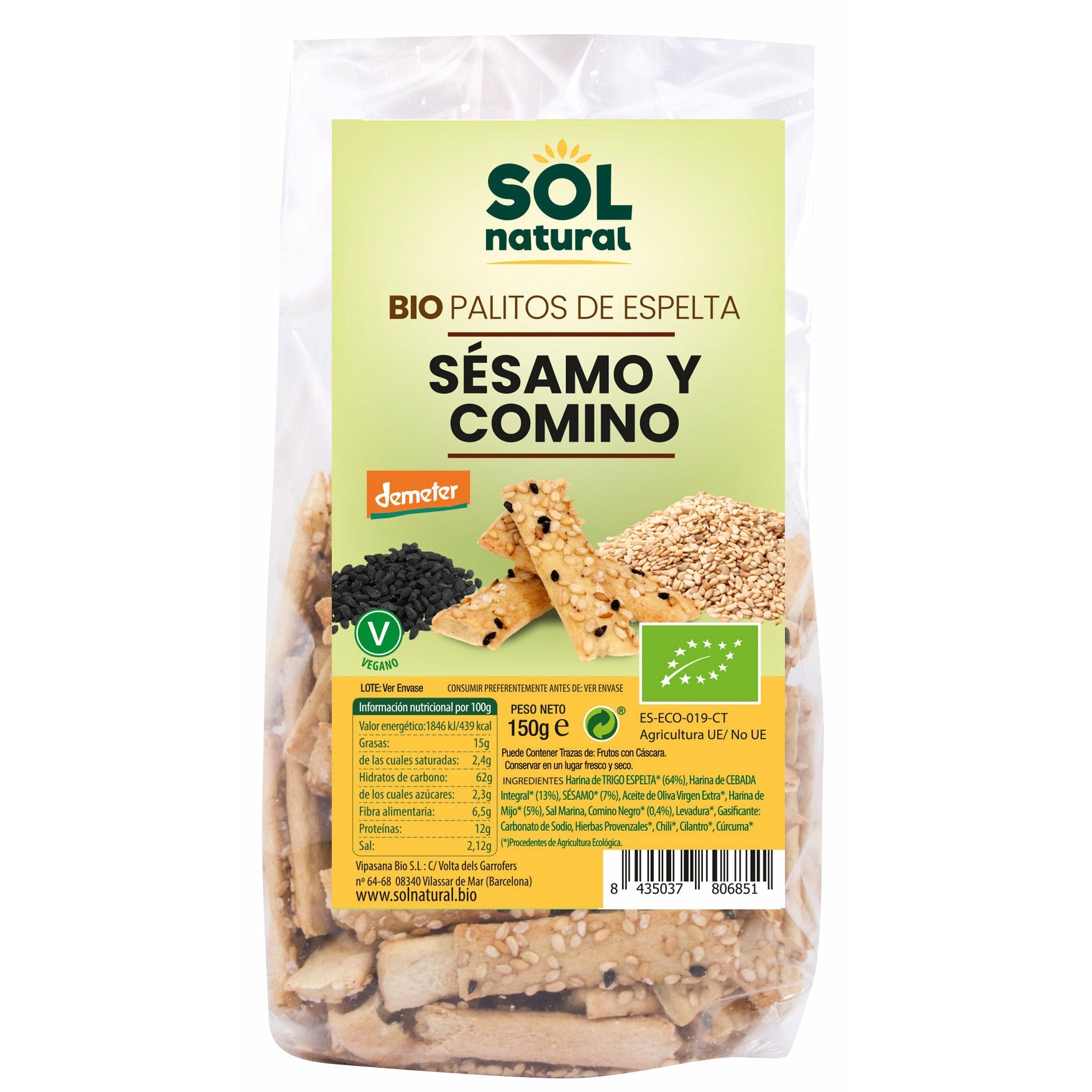 Palitos de Espelta Con Sesamo y Comino Negro Bio 150 gr | Sol Natural - Dietetica Ferrer