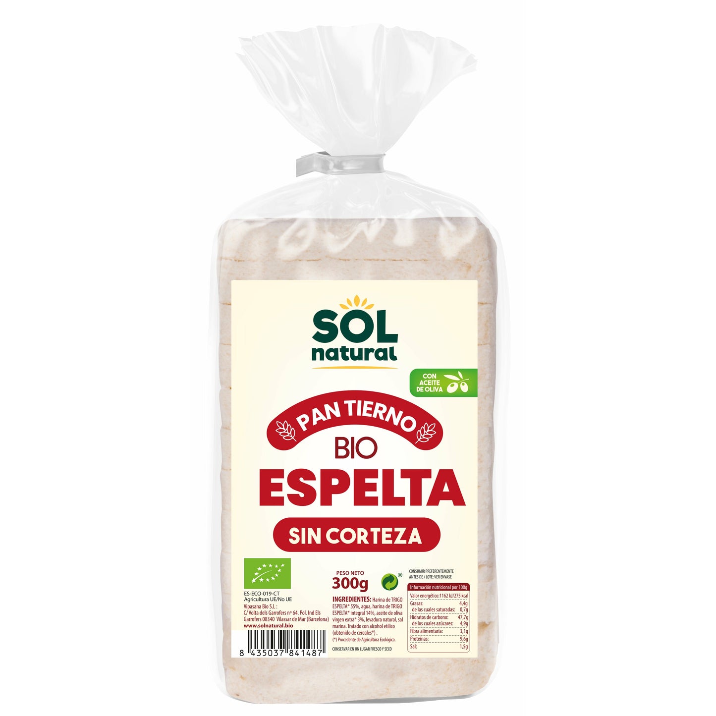 Pan Tierno de Espelta sin Corteza Bio 300 gr | Sol Natural - Dietetica Ferrer