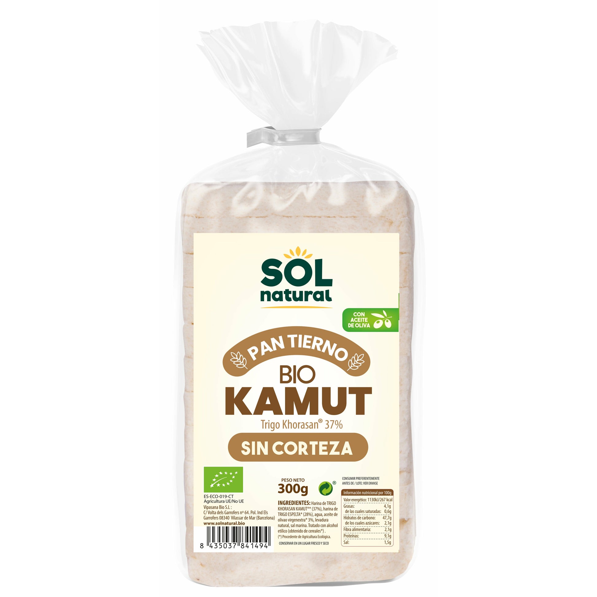 Pan Tierno de Kamut sin Corteza Bio 300 gr | Sol Natural - Dietetica Ferrer