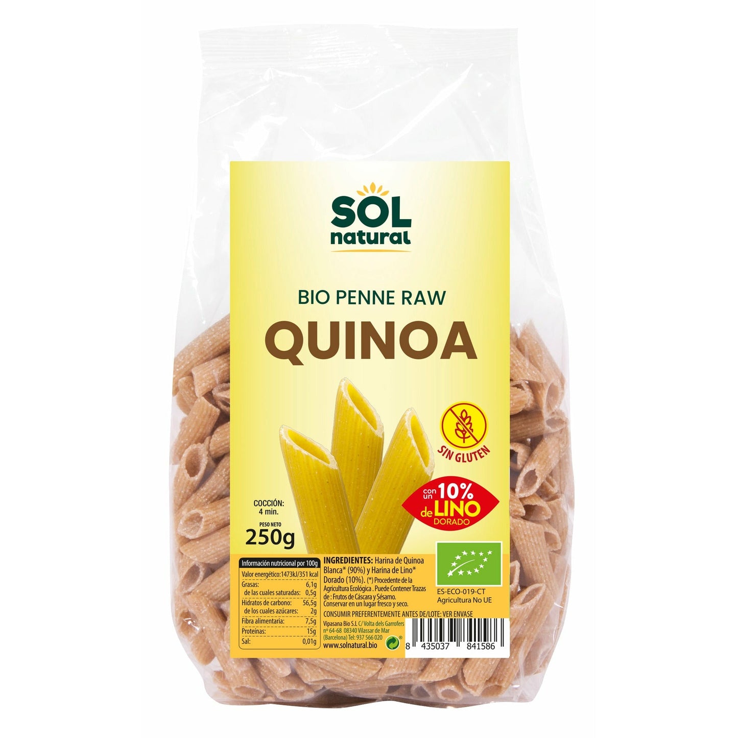 Penne de Quinoa Con Lino Bio 250 gr | Sol Natural - Dietetica Ferrer