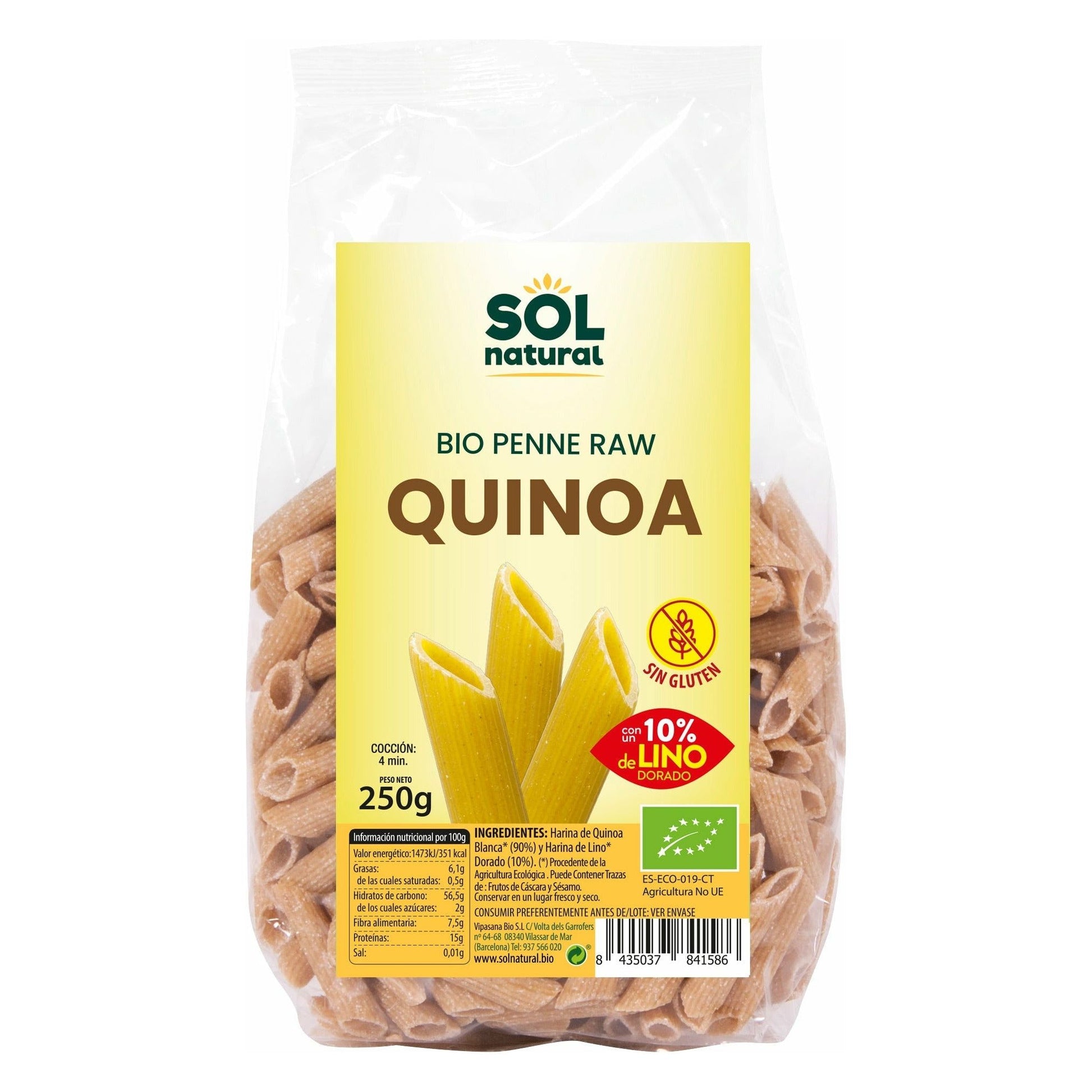 Penne de Quinoa Con Lino Bio 250 gr | Sol Natural - Dietetica Ferrer