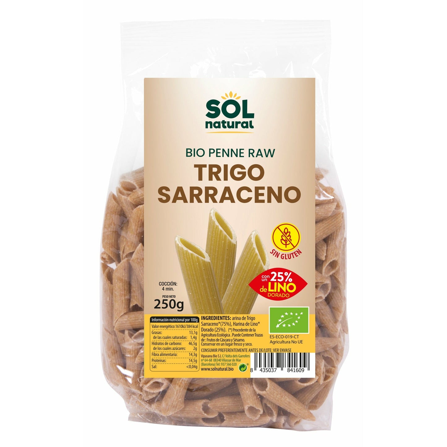 Penne Trigo Sarraceno Lino Bio 250 gr | Sol Natural - Dietetica Ferrer