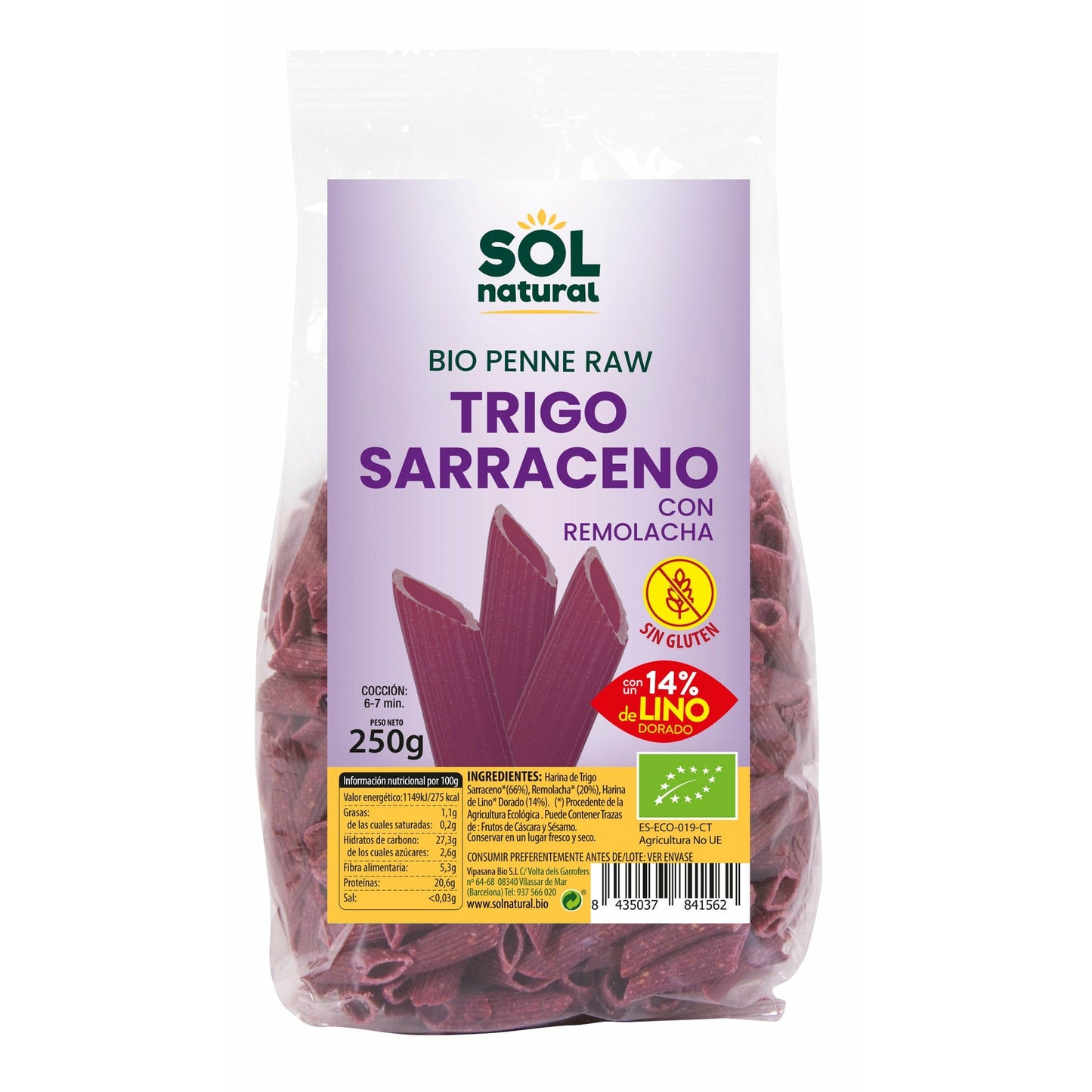 Penne Trigo Sarraceno Remolacha Lino Bio 250 gr | Sol Natural - Dietetica Ferrer