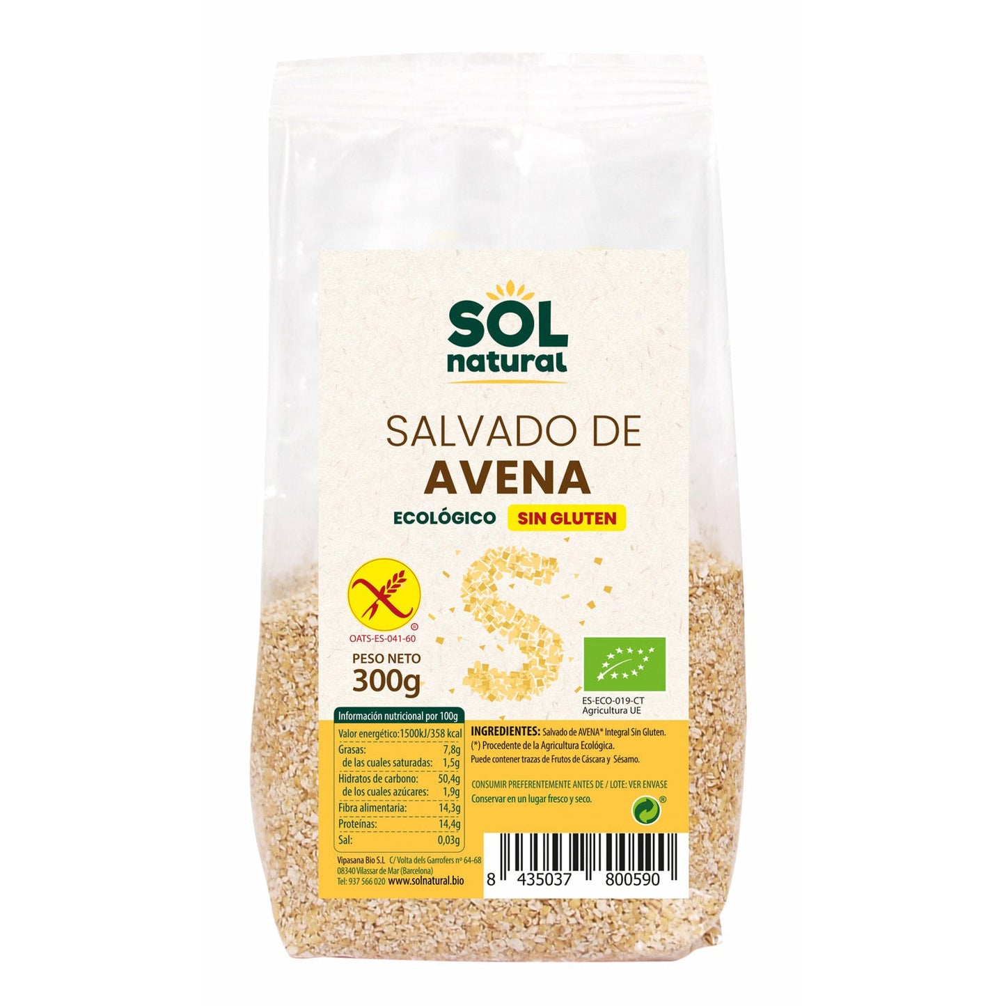 Salvado de Avena Sin Gluten Bio 300 gr | Sol Natural - Dietetica Ferrer