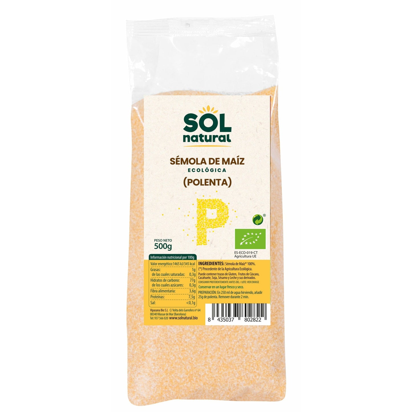 Semola de Maiz Polenta Bio 500 gr | Sol Natural - Dietetica Ferrer