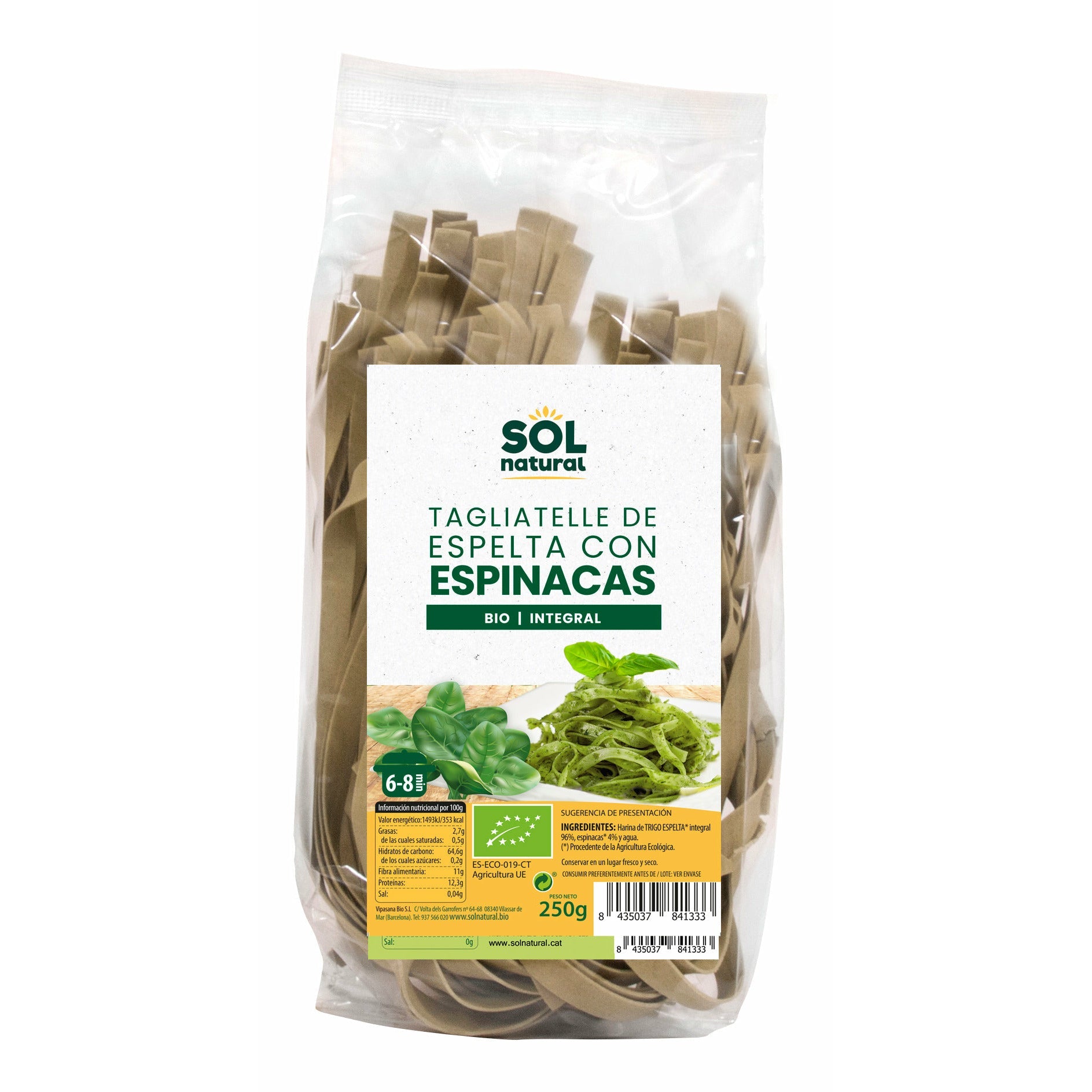 Tagliatelle de Espelta Con Espinacas 250 gr | Sol Natural - Dietetica Ferrer
