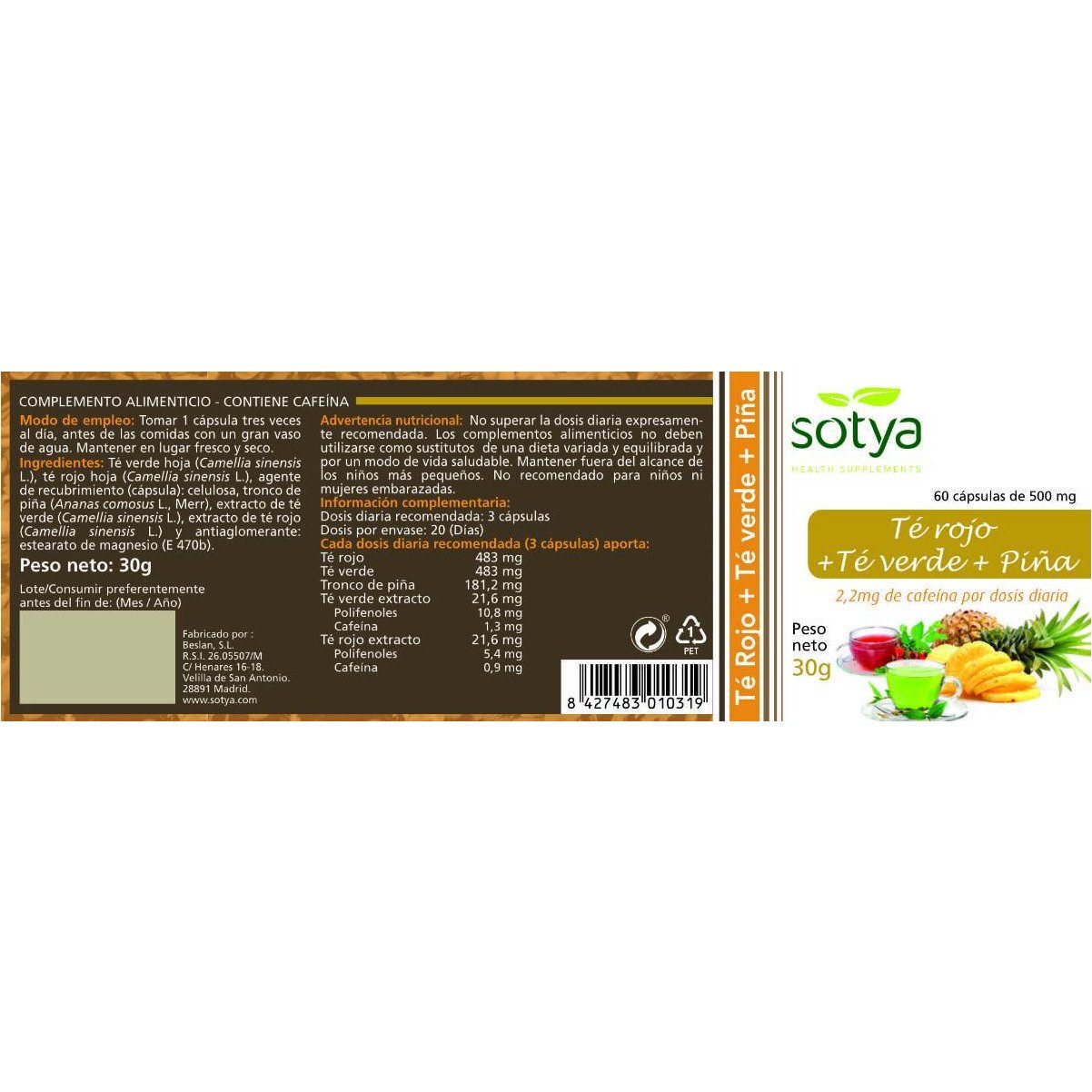 Te Verde con Te Rojo y Piña 500 mg 60 Capsulas | Sotya - Dietetica Ferrer