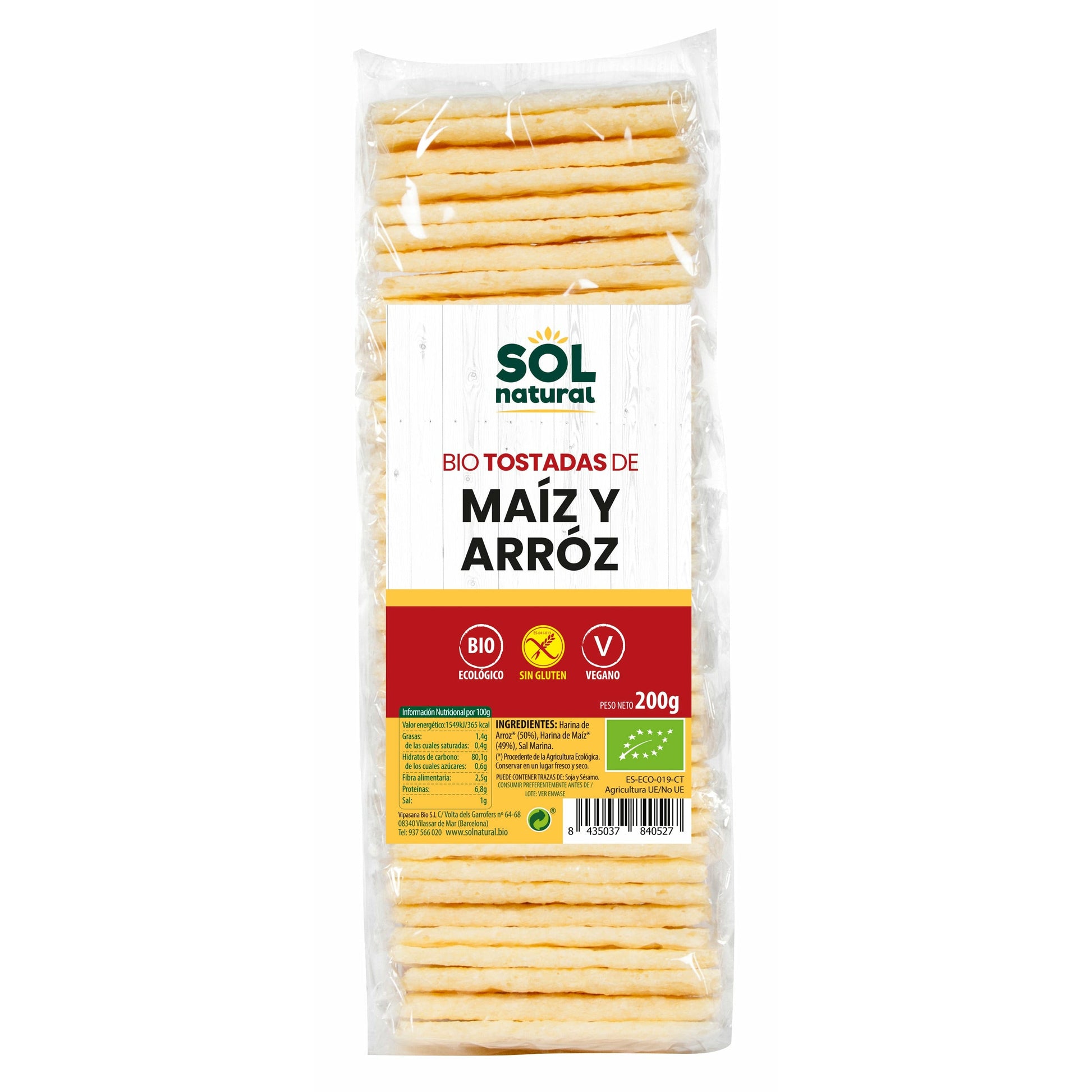 Tostadas de Maiz y Arroz Sin Gluten Bio 200 gr | Sol Natural - Dietetica Ferrer