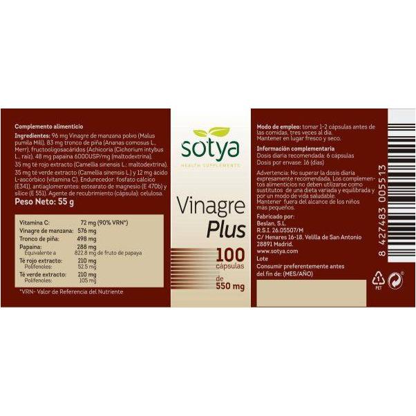Vinagre Plus 100 Capsulas | Sotya - Dietetica Ferrer